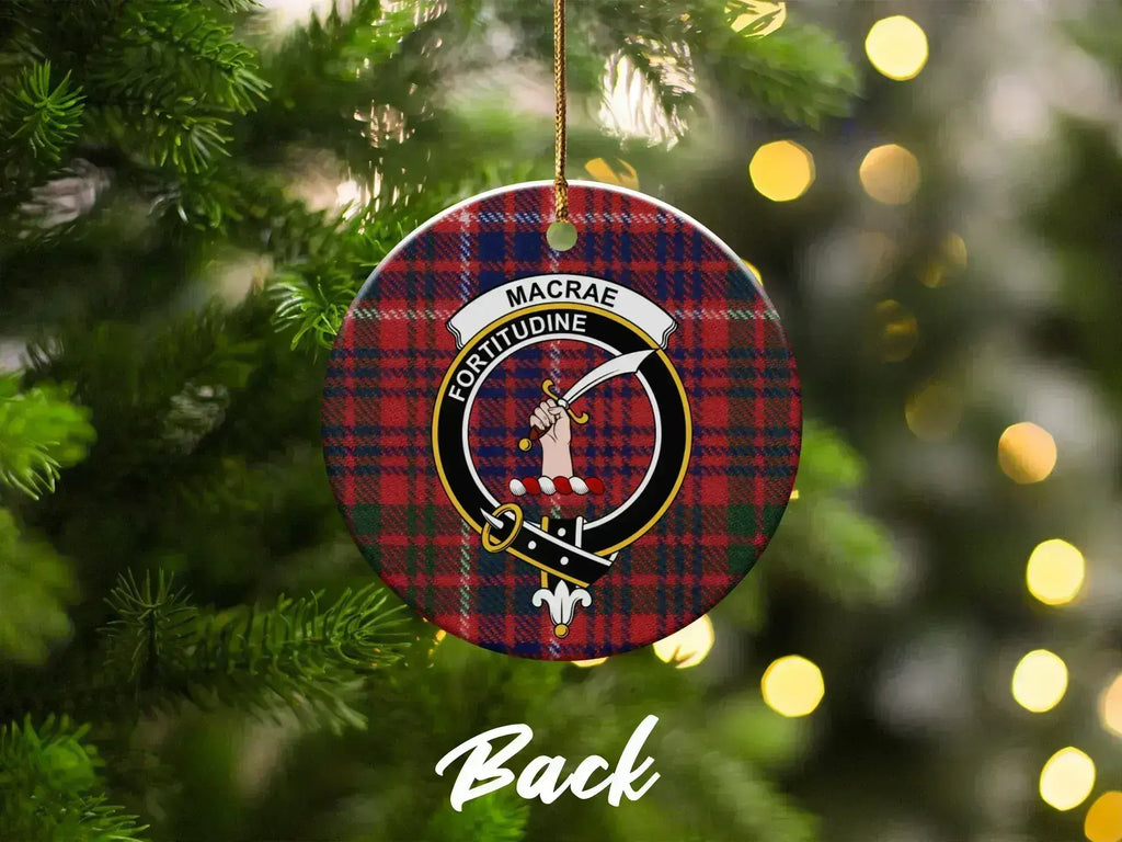MacRae tartan patterned ceramic ornament on Christmas tree — Scottish clan crest design