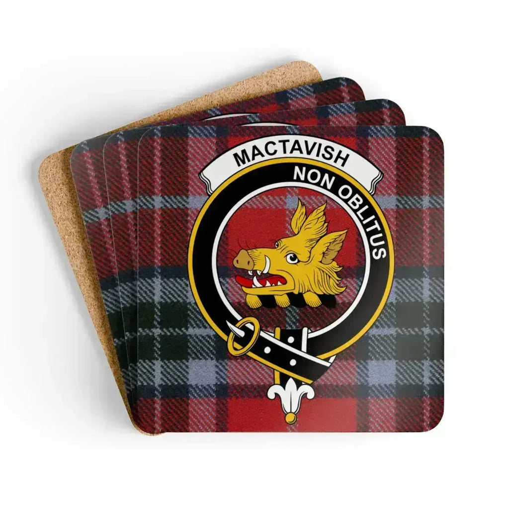 Clan MacTavish tartan coaster set — square cork-backed coaster with Non Oblitus boar crest print