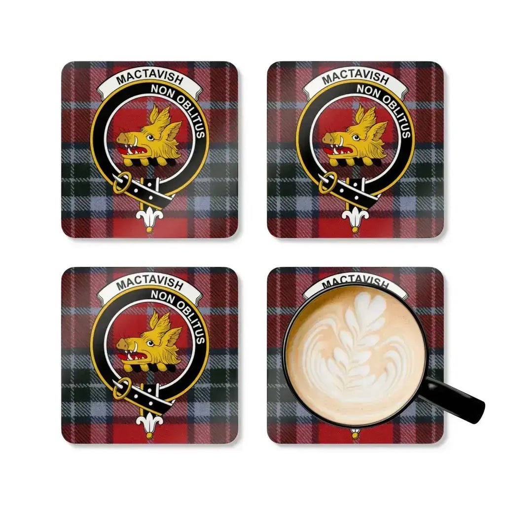 MacTavish Non Oblitus plaid pattern coaster — close-up of tartan and boar crest on gloss finish