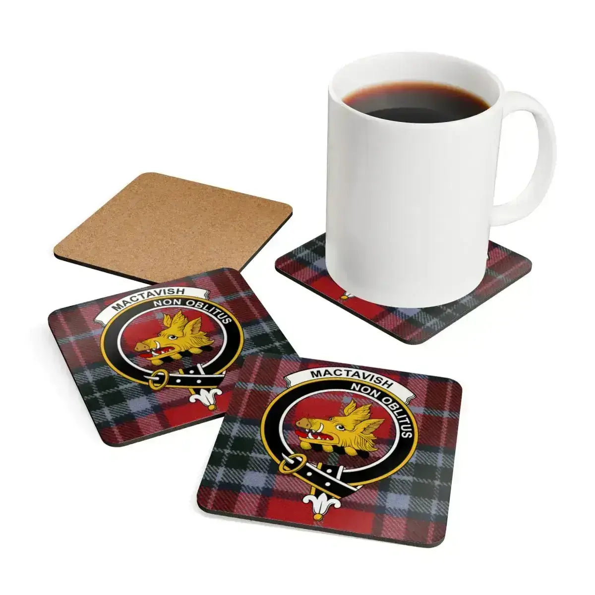 MacTavish clan coaster set — full set of four with tartan plaid and Non Oblitus crest in colour