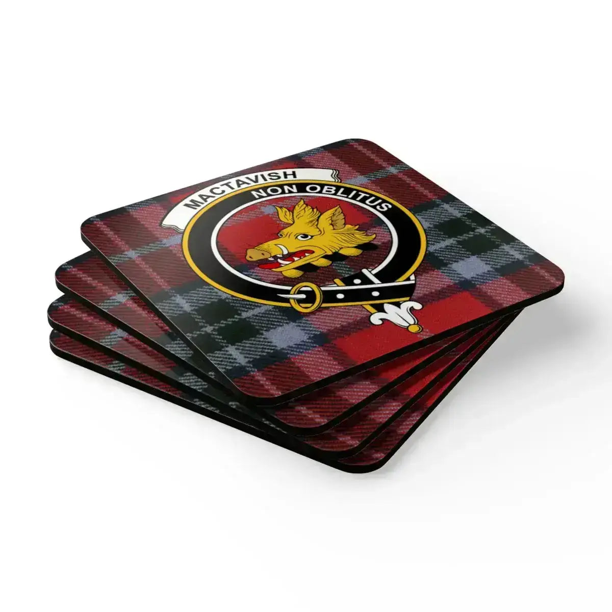 Clan MacTavish Non Oblitus emblem coasters — square cork-backed set in MacTavish tartan colours
