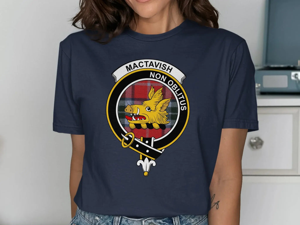 MacTavish Non Oblitus crest t-shirt — royal blue cotton tee with tartan and boar emblem
