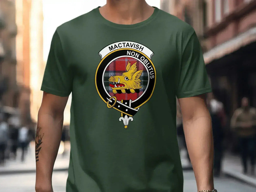 Clan MacTavish crest t-shirt in black — printed Non Oblitus boar and tartan design on chest
