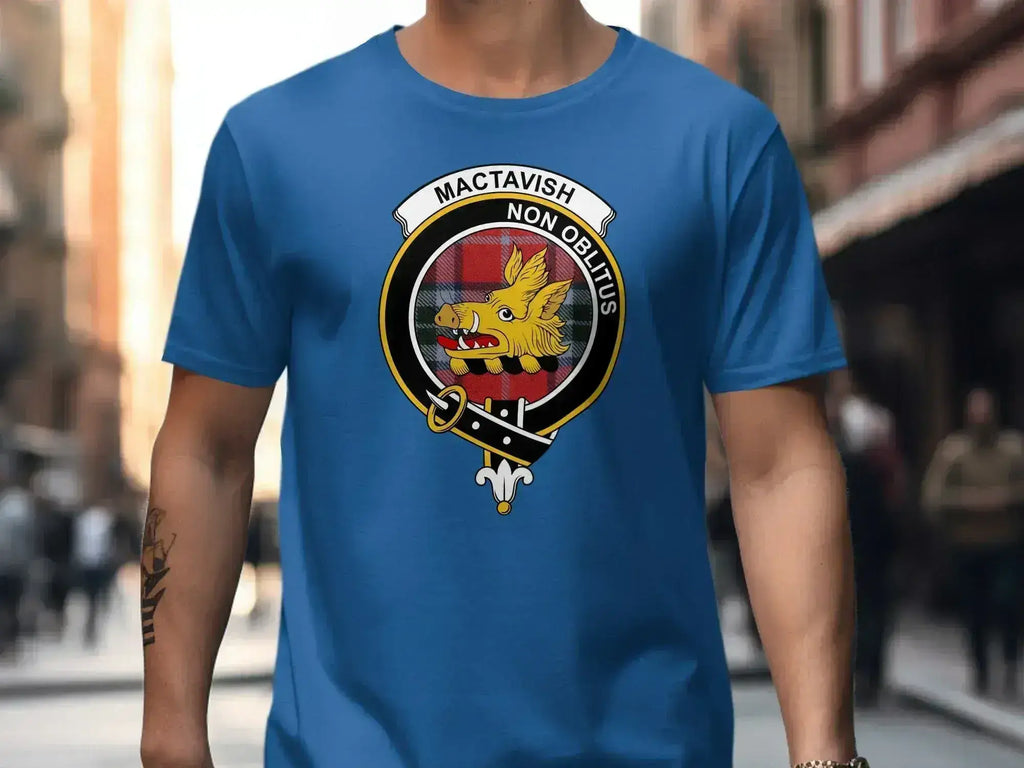 Clan MacTavish t-shirt in royal blue — short sleeve with clan emblem and tartan print on front