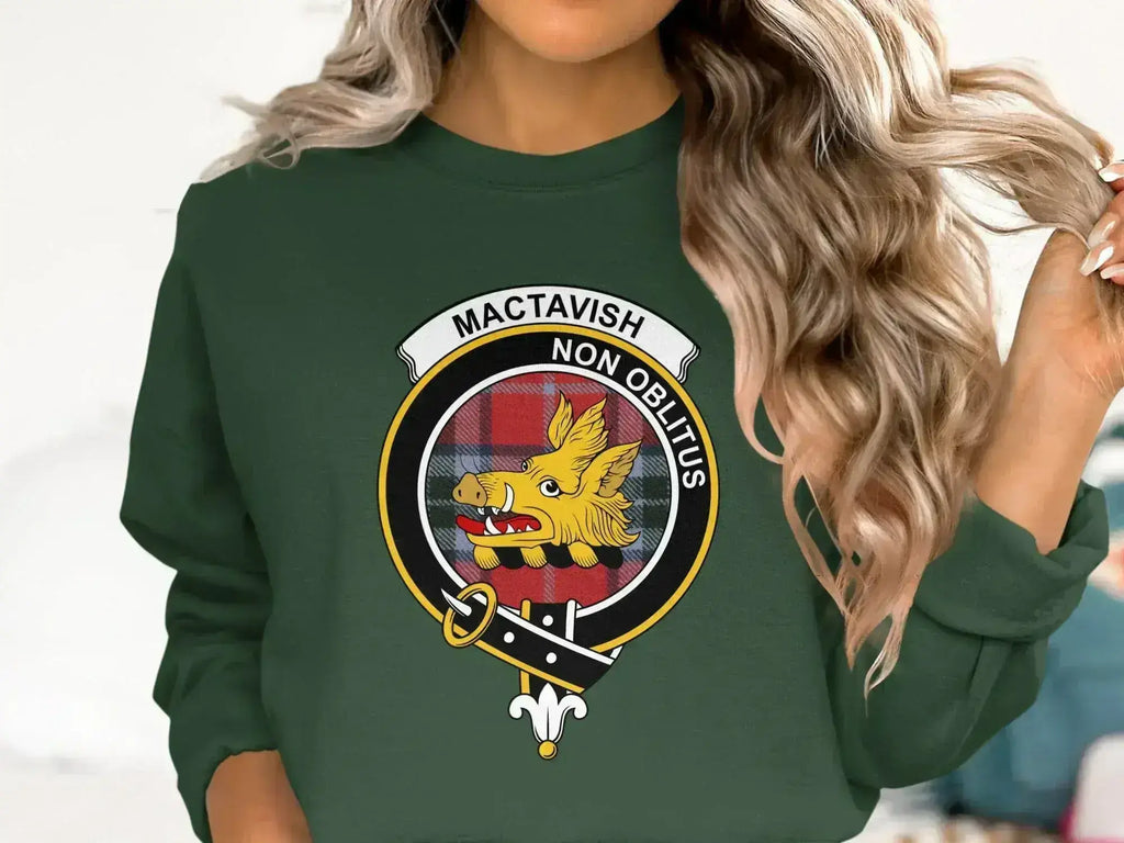 MacTavish Non Oblitus boar crest sweatshirt — forest green fleece crewneck with clan tartan print