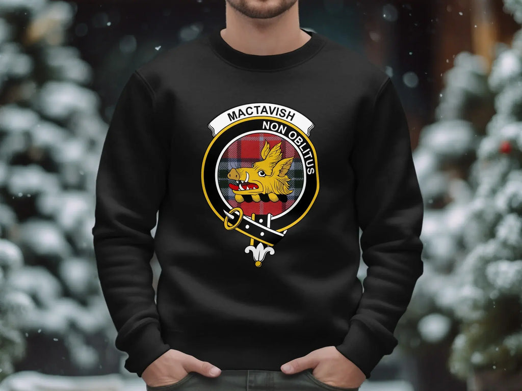 Clan MacTavish sweatshirt — navy crewneck with Non Oblitus wild boar emblem and tartan print
