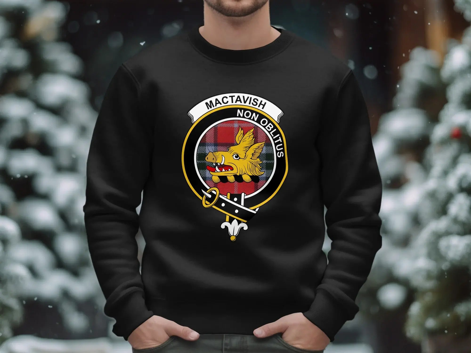 Clan MacTavish sweatshirt — navy crewneck with Non Oblitus wild boar emblem and tartan print