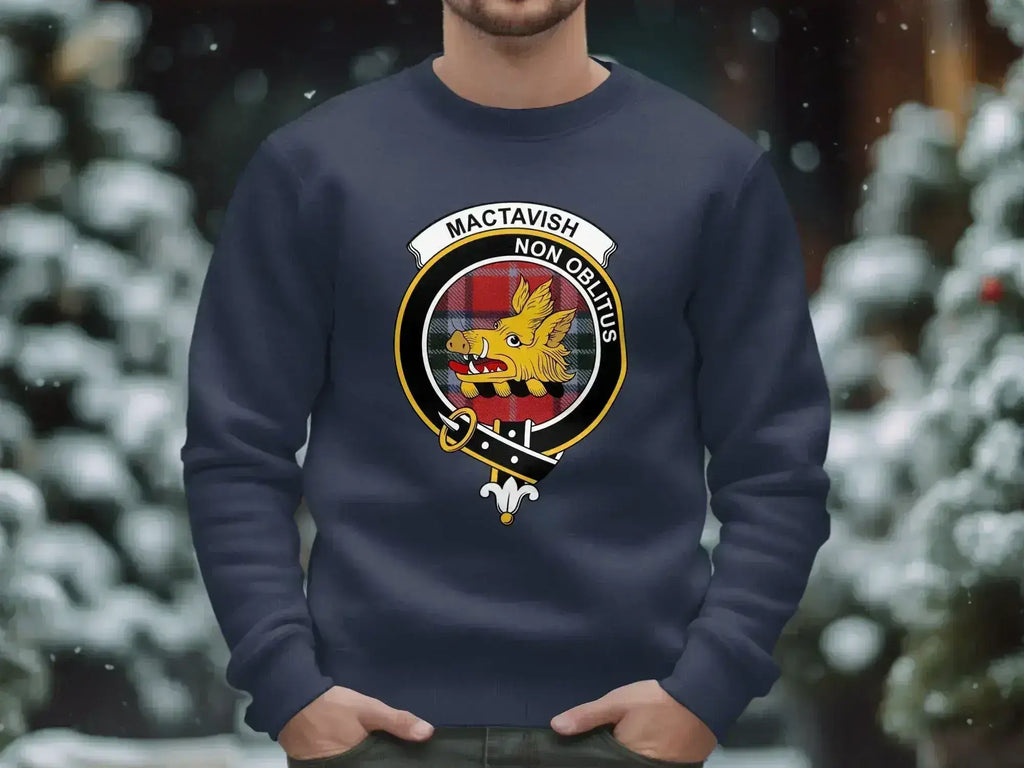 Clan MacTavish Non Oblitus sweatshirt in black — clan emblem and tartan on fleece crewneck
