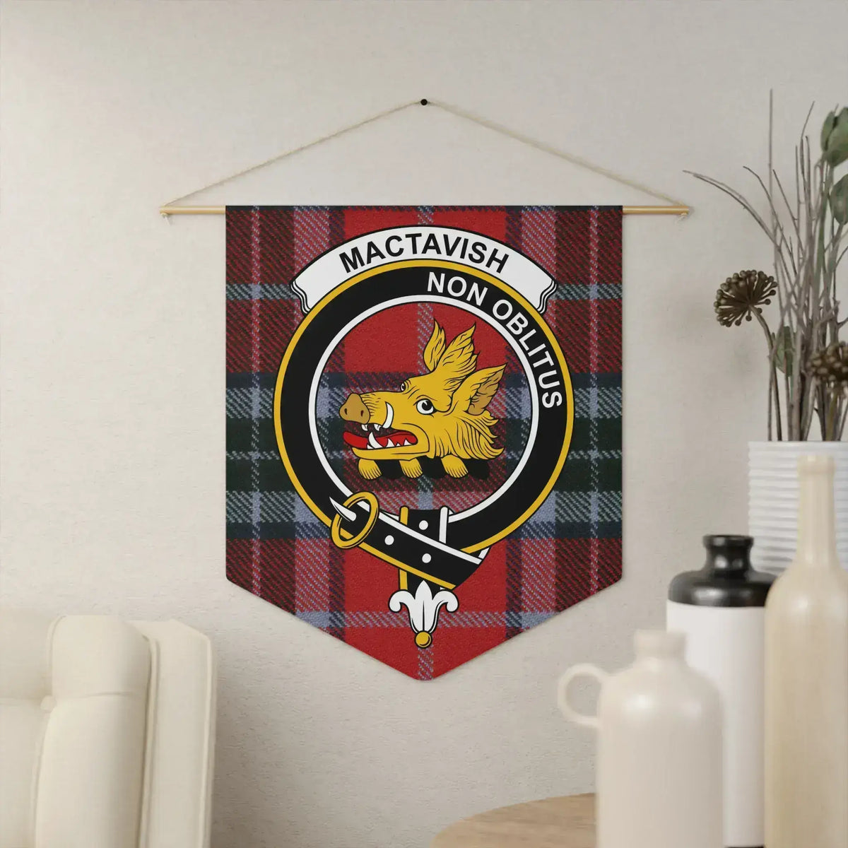 Clan MacTavish Non Oblitus tartan pennant — triangular wall banner with boar crest, 18" × 21"