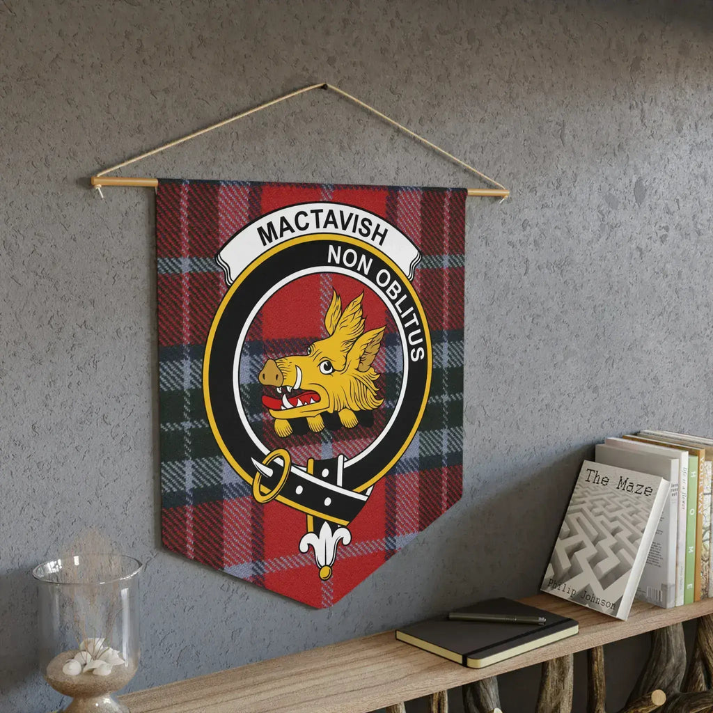 MacTavish clan crest pennant — tartan plaid wall banner with wooden dowel and twine included