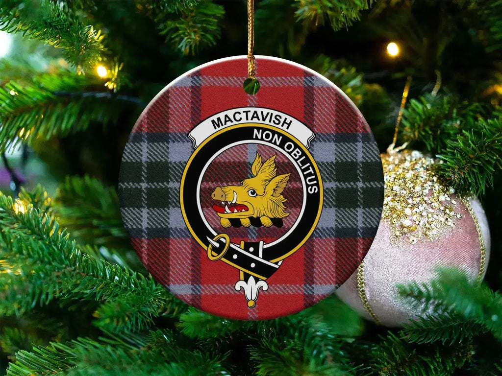 Clan MacTavish tartan crest ceramic ornament — round 3-inch double-sided with Non Oblitus boar crest