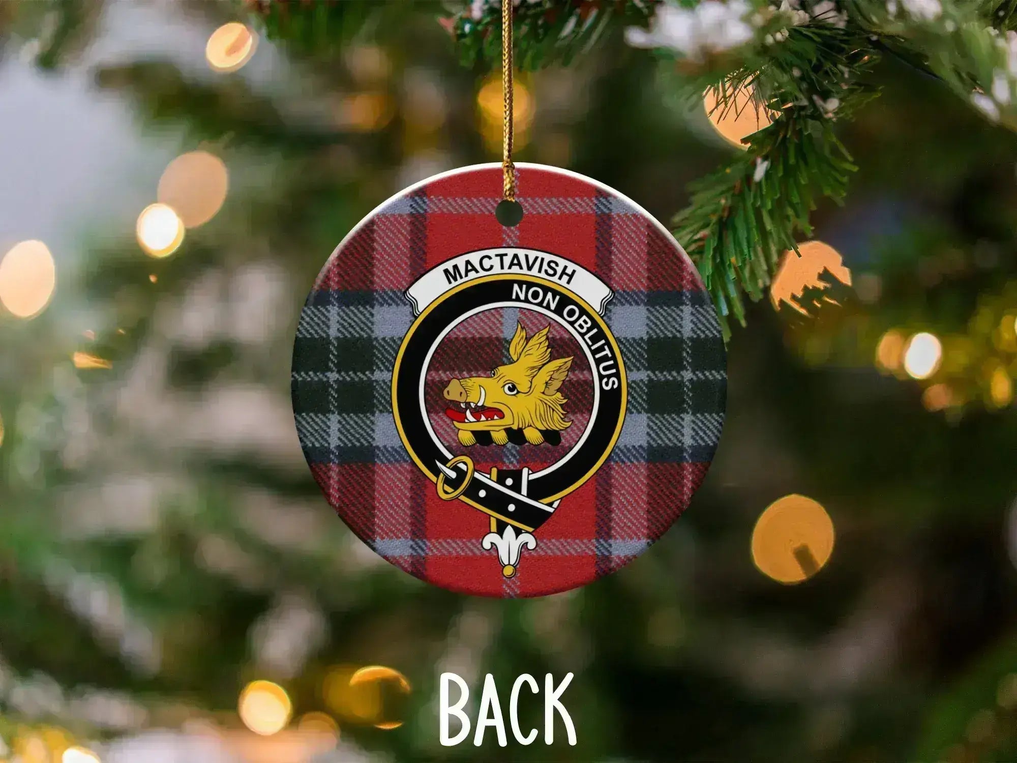 MacTavish Scottish clan ornament — ceramic with gold hanging string, tartan holiday decoration