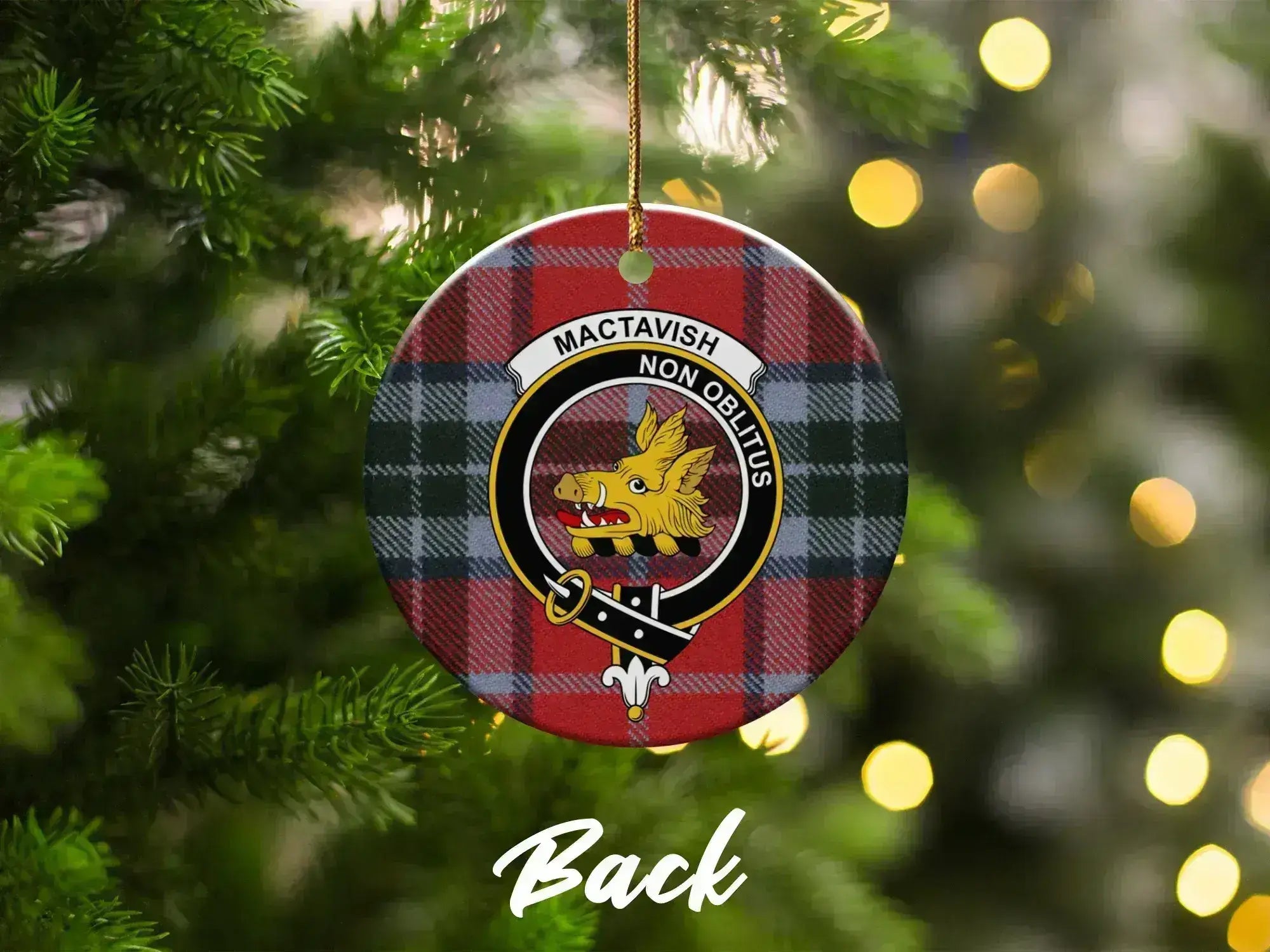 MacTavish Non Oblitus family crest ornament — double-sided ceramic round with boar and tartan print