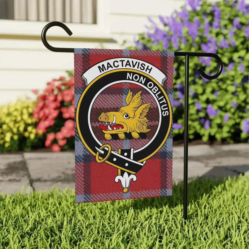 MacTavish Non Oblitus red plaid clan garden flag — full-colour boar crest print, two sizes available