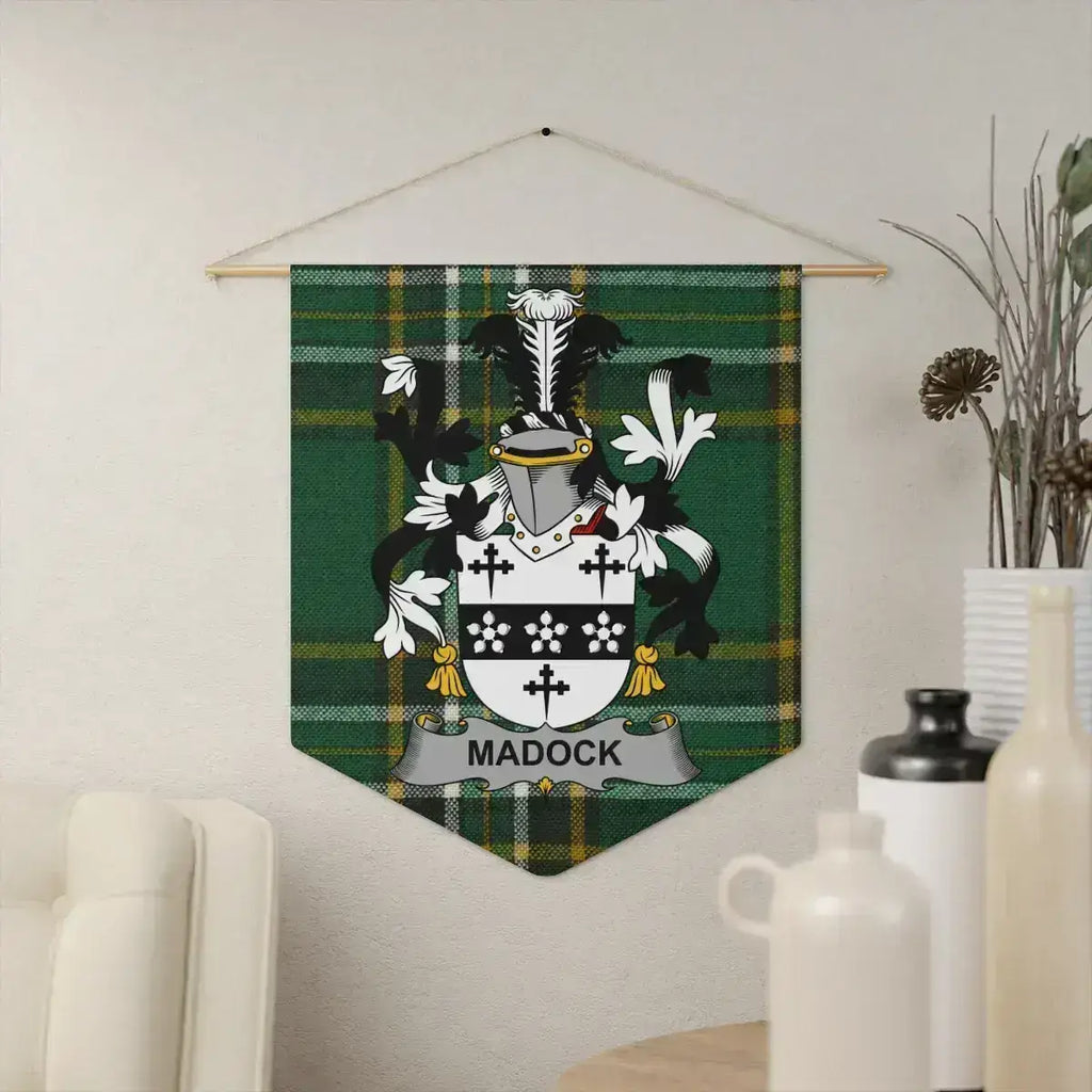 Madock Irish family crest wall pennant — crest on the Irish national tartan
