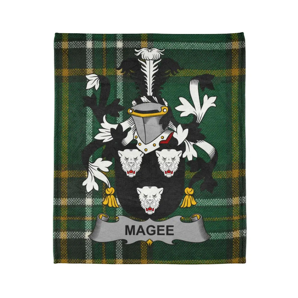 Magee Family Crest with Green Tartan Background Blanket