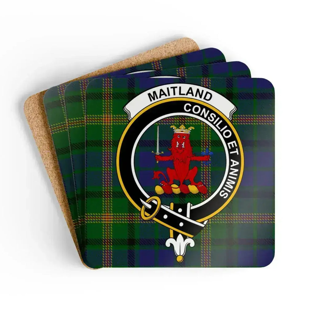 Clan Maitland tartan coaster set — square cork-backed coaster with Consilio et Animis clan crest print