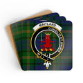 Clan Maitland tartan coaster set — square cork-backed coaster with Consilio et Animis clan crest print