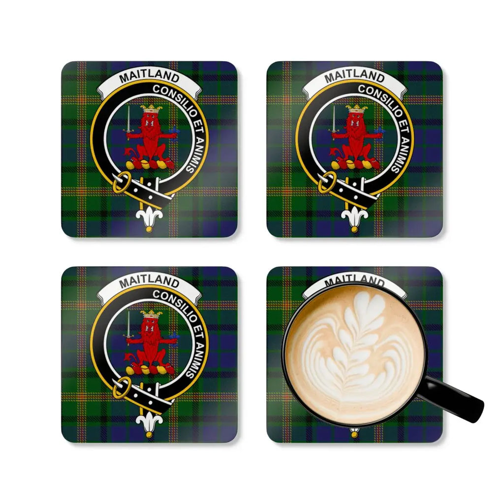 Maitland Consilio et Animis plaid coaster set — full set of four with clan crest on gloss finish