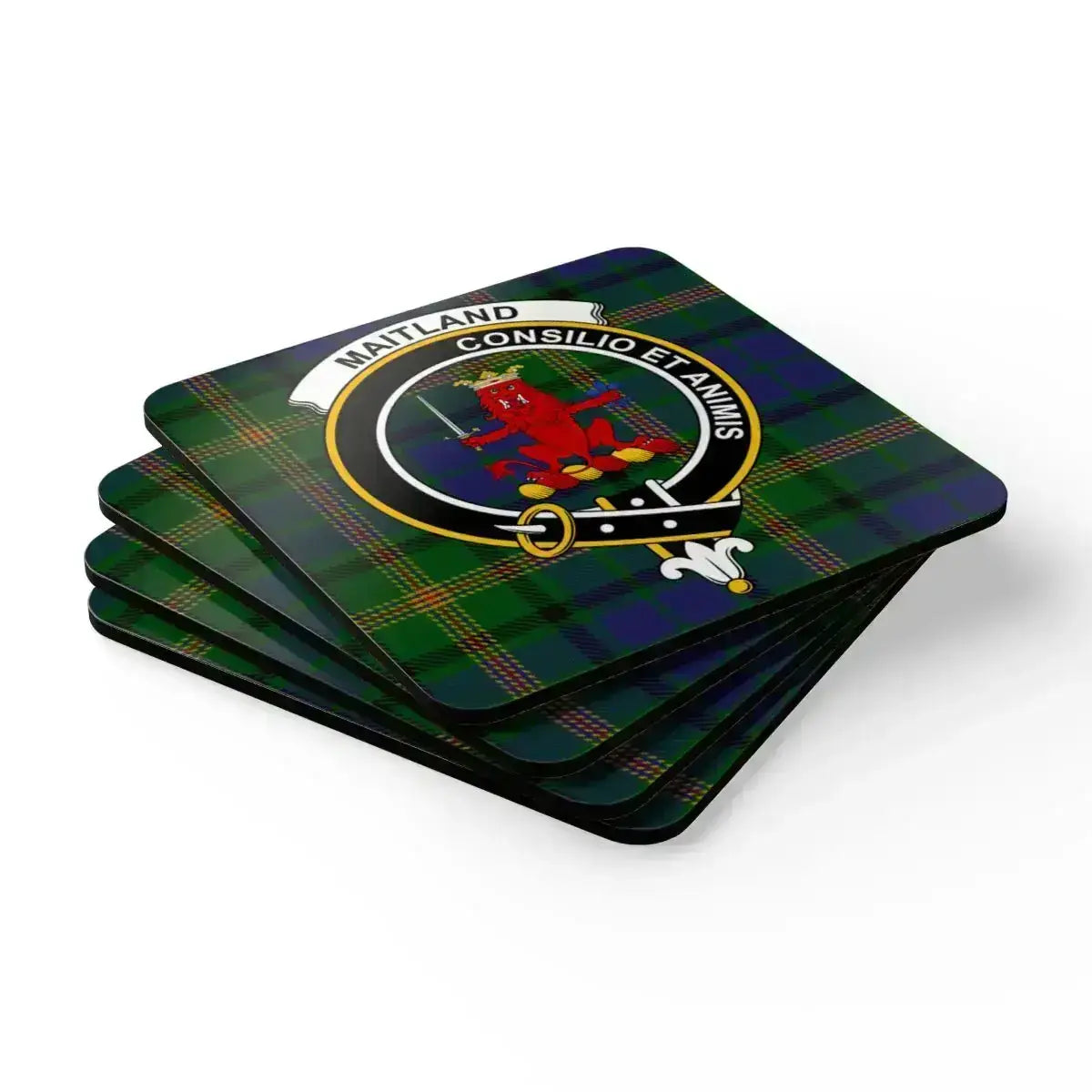 Clan Maitland Consilio et Animis tartan coaster — close-up of gloss print and clan crest detail