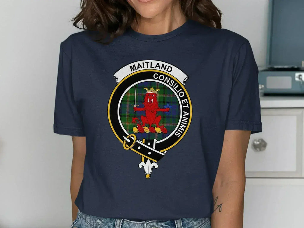 Maitland Consilio et Animis t-shirt — royal blue cotton tee with clan crest and tartan design
