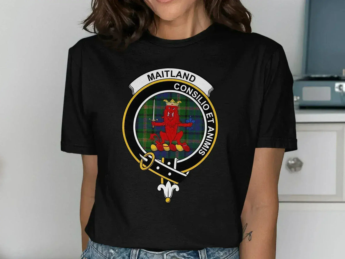 Maitland clan crest t-shirt in forest green — short sleeve with tartan and motto print on front