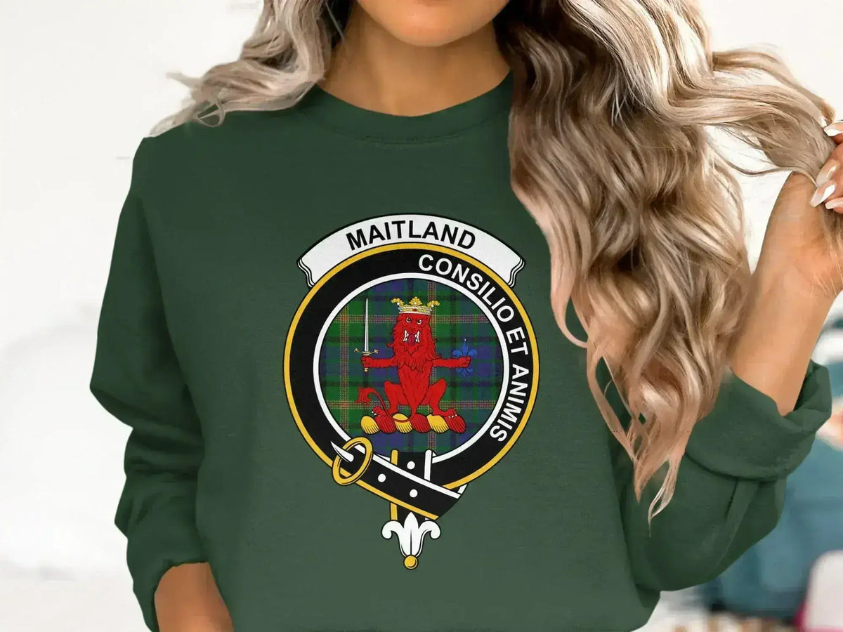 Maitland Consilio et Animis clan crest sweatshirt — navy fleece crewneck with tartan print