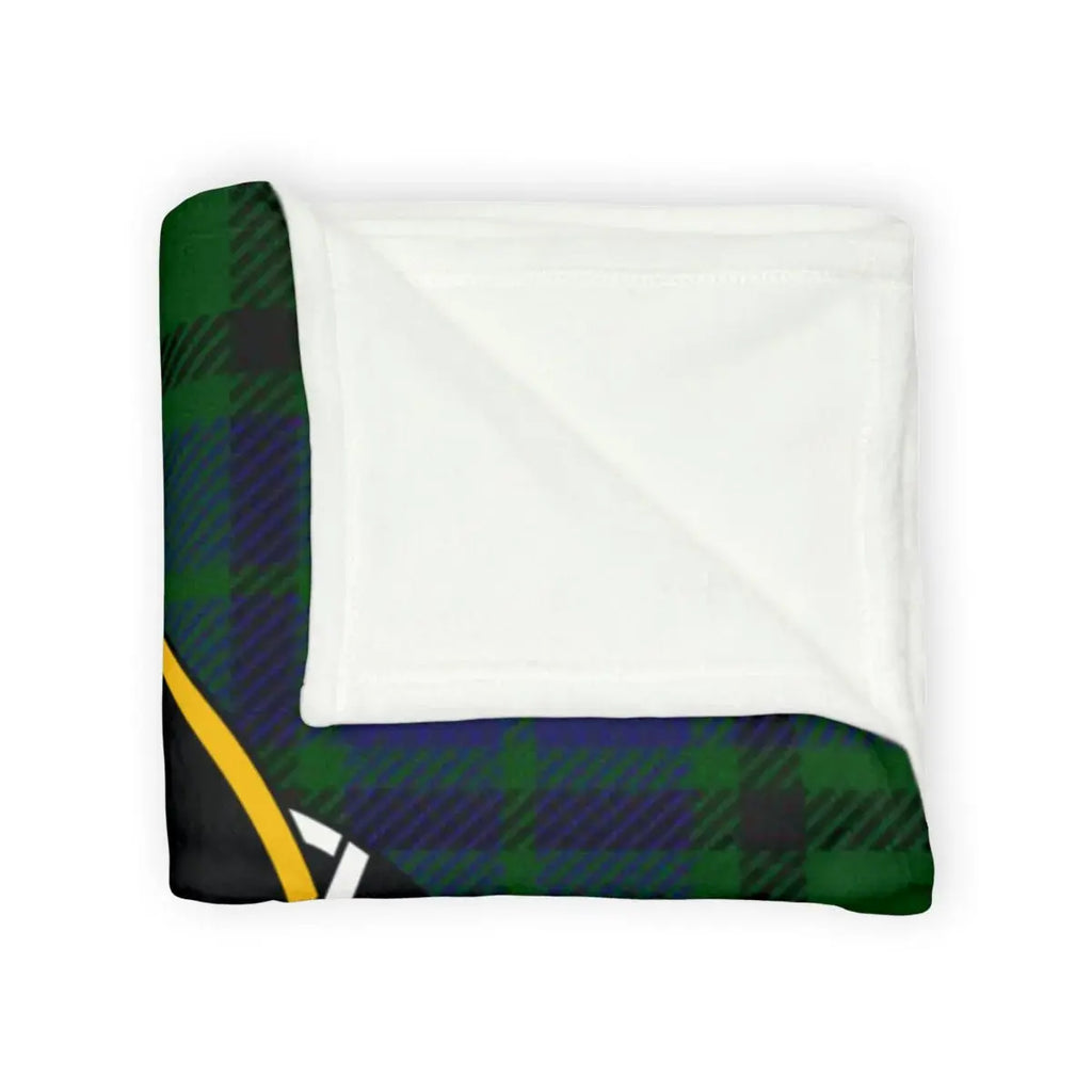 Maitland tartan throw blanket — close-up of clan crest and plaid pattern and hemmed edge detail