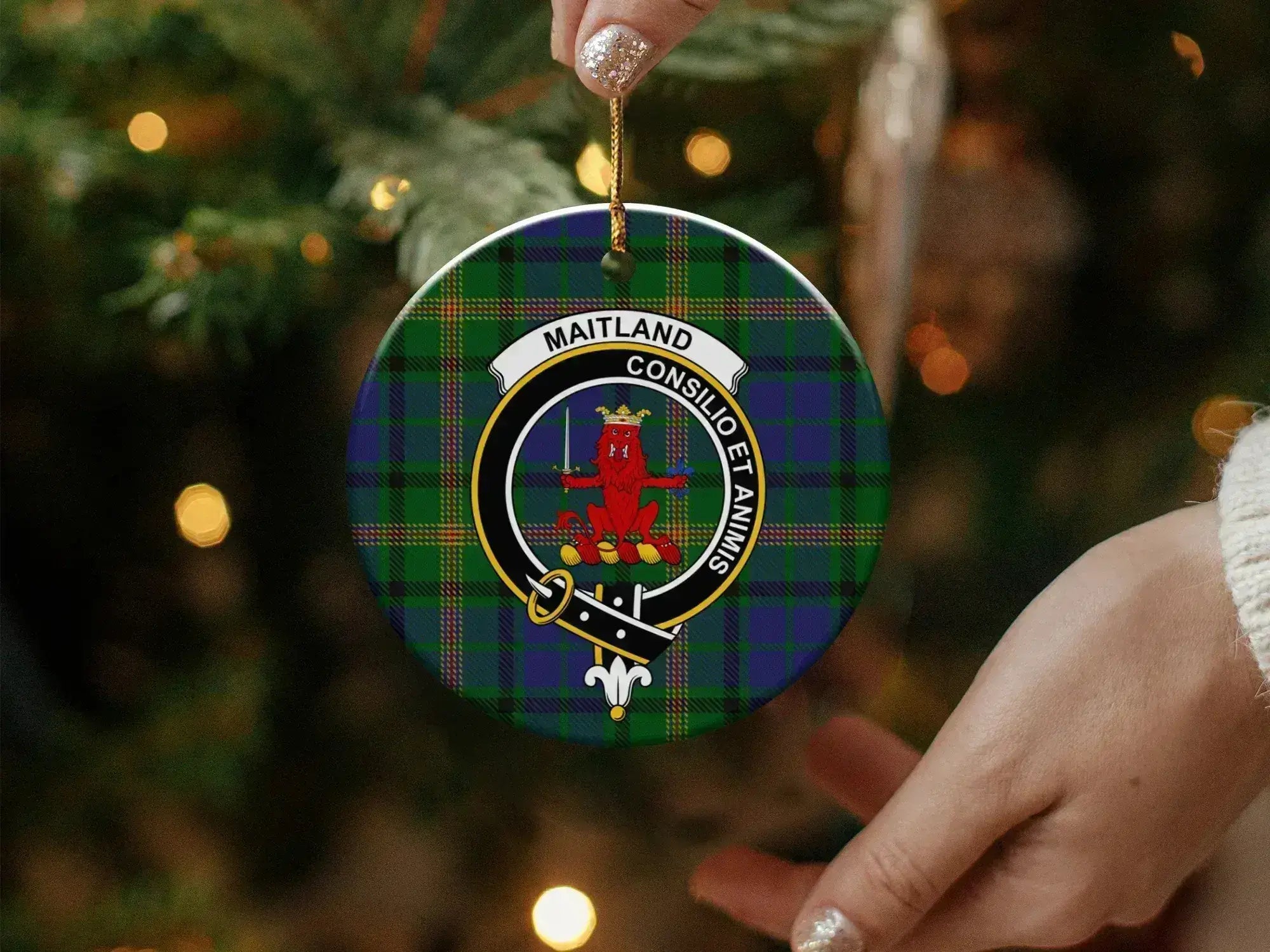 Clan Maitland tartan plaid ornament — clan crest and Consilio et Animis on 3-inch ceramic round
