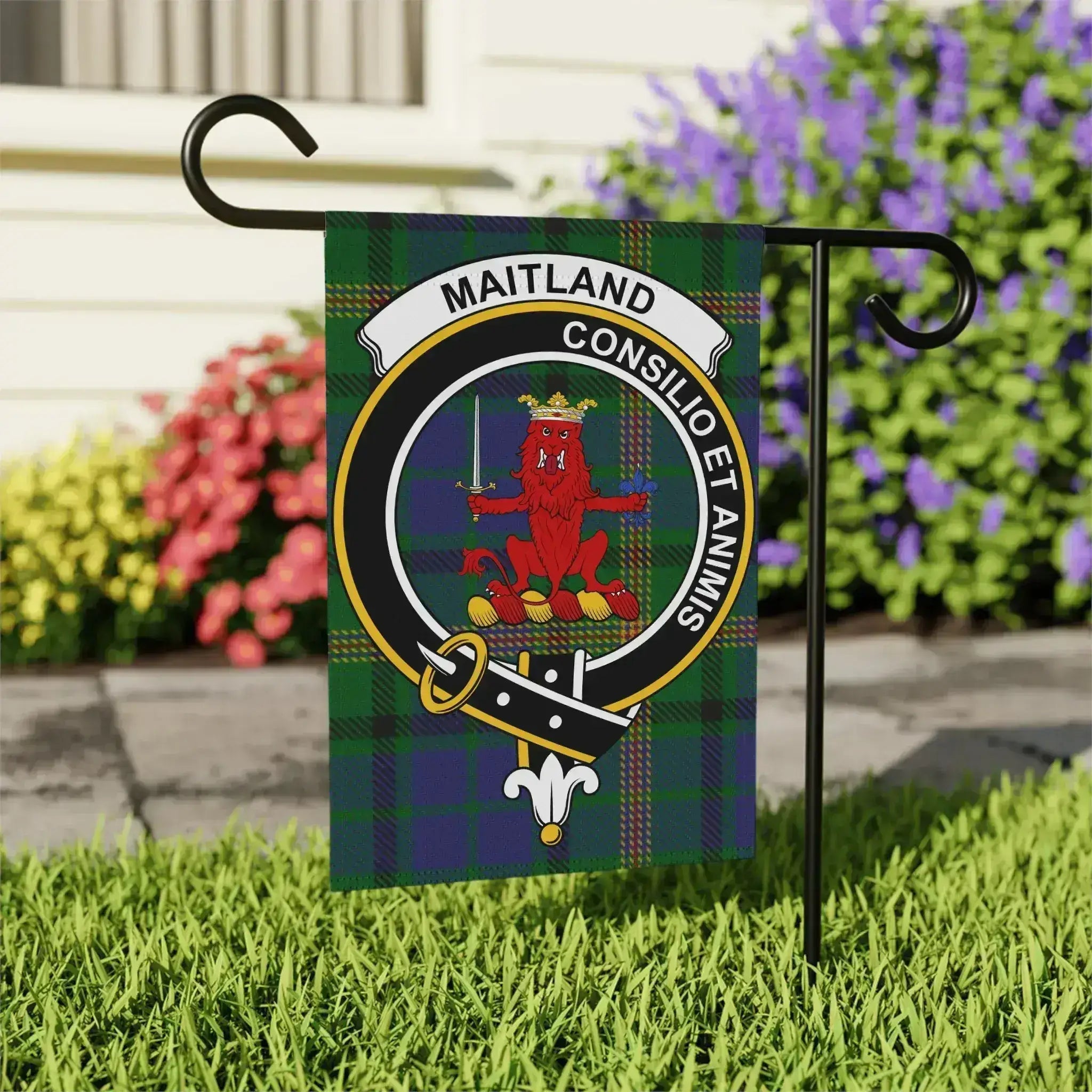 Maitland Consilio et Animis clan garden flag — full-colour crest and tartan print, two sizes available