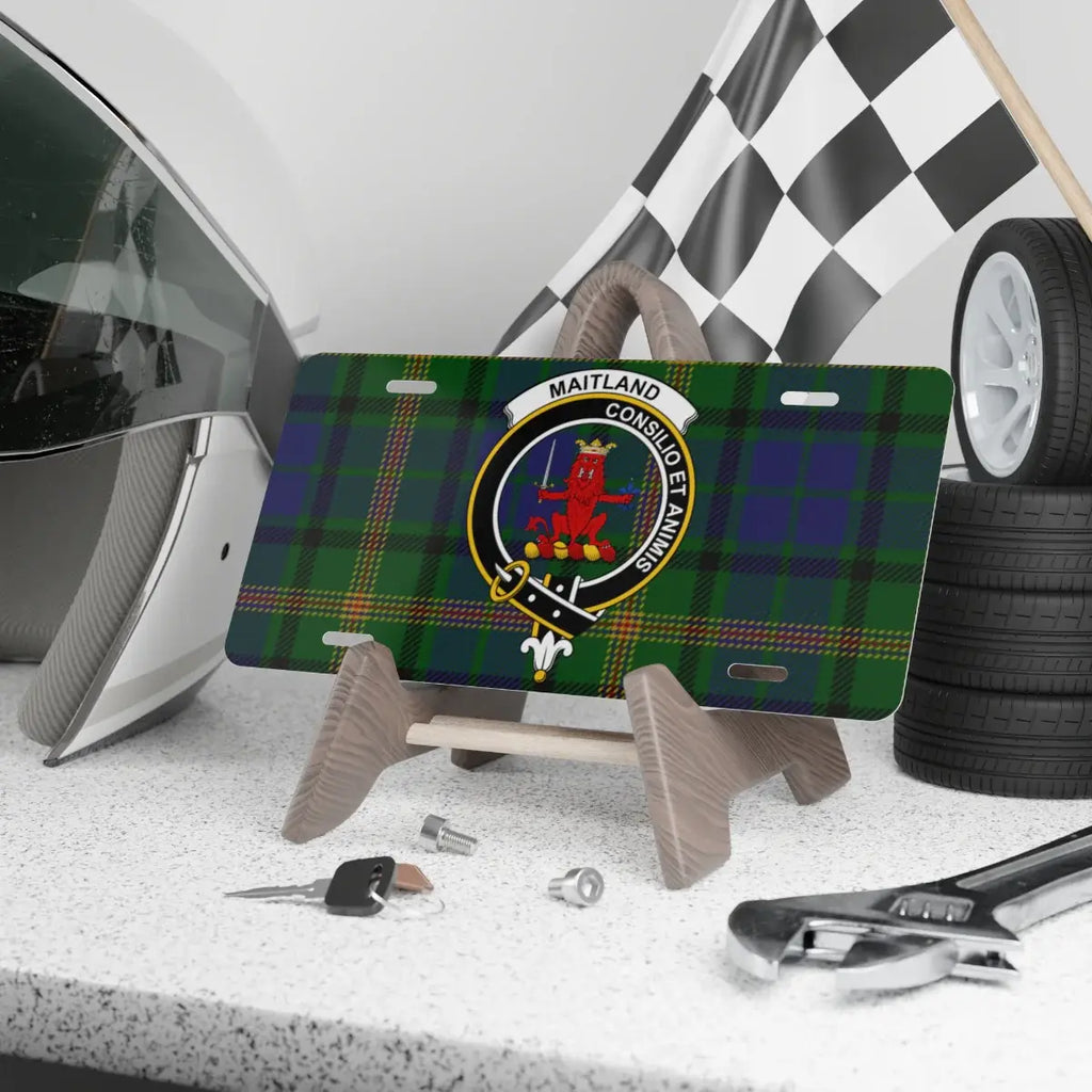 Clan Maitland tartan novelty license plate — aluminium 12"×6" with Consilio et Animis clan crest
