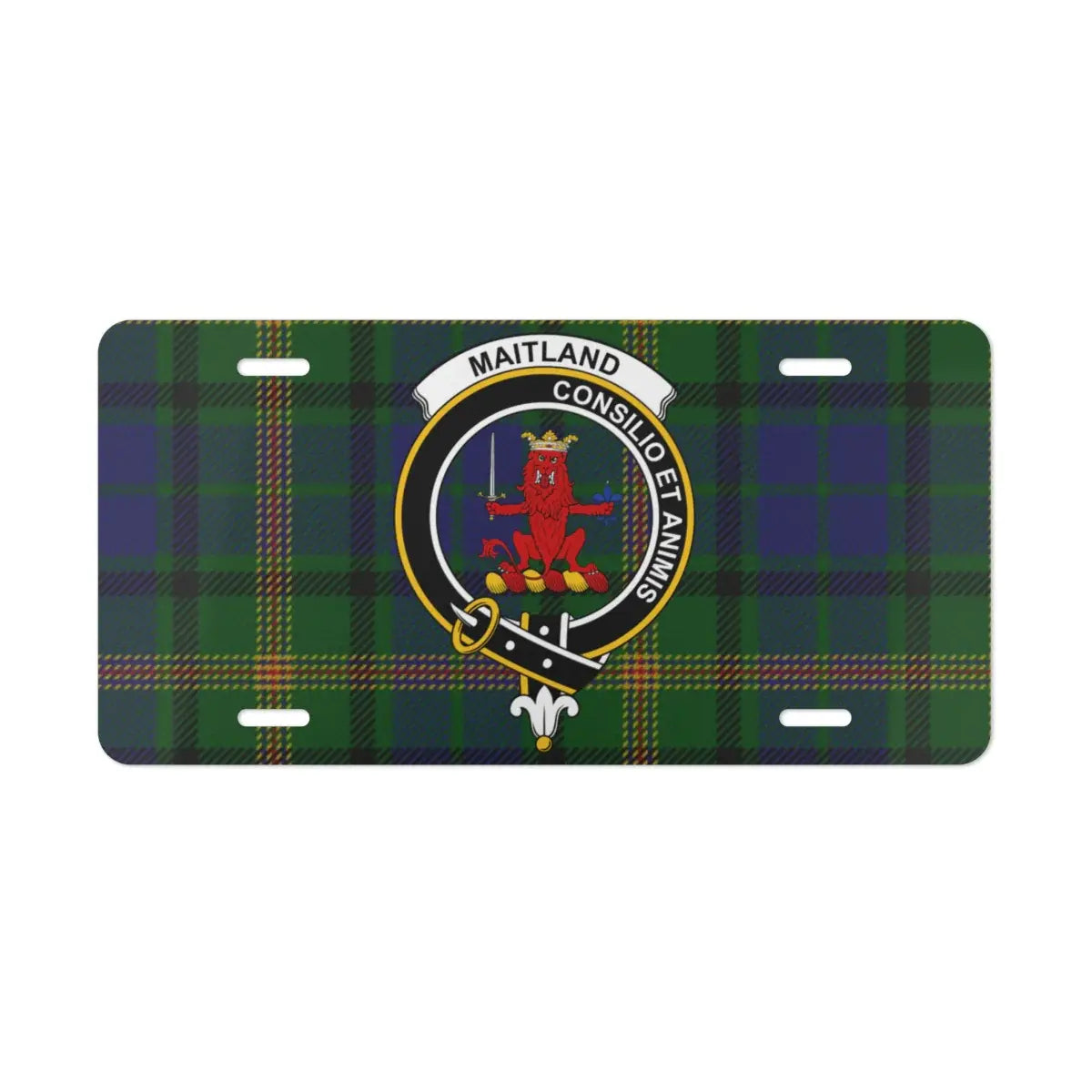 Clan Maitland Consilio et Animis tartan license plate — full-colour crest and plaid on white aluminium
