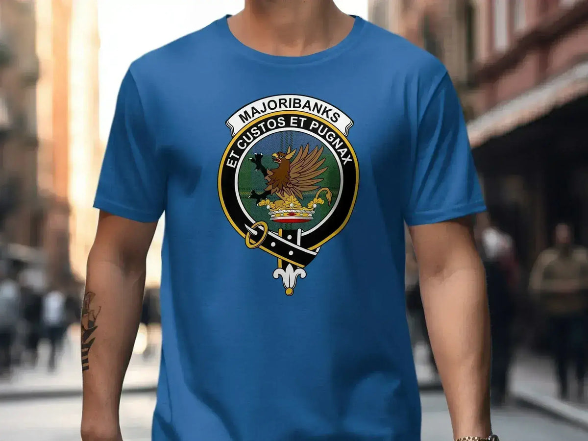 Majoribanks clan crest T-shirt with Et Custos et Pugnax motto and tartan design — alternate view