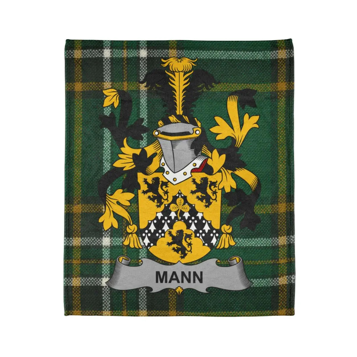 Mann Family Crest on Green and Yellow Plaid Blanket