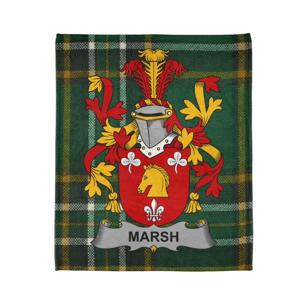 Marsh Family Crest on Green Plaid Background Blanket