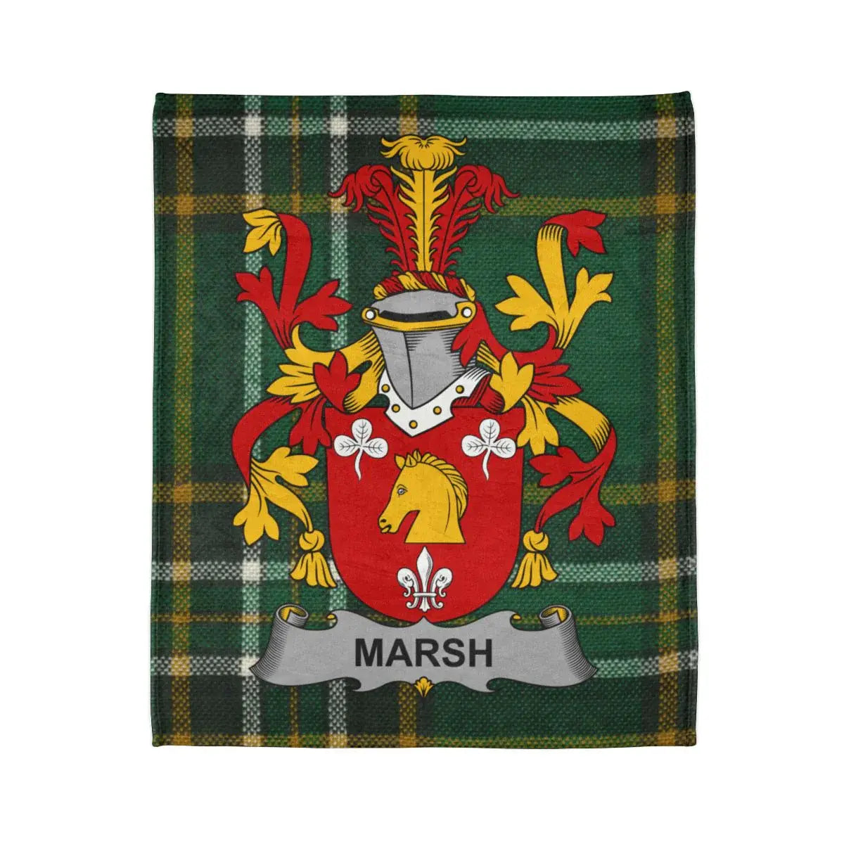 Marsh Family Crest on Green Plaid Background Blanket