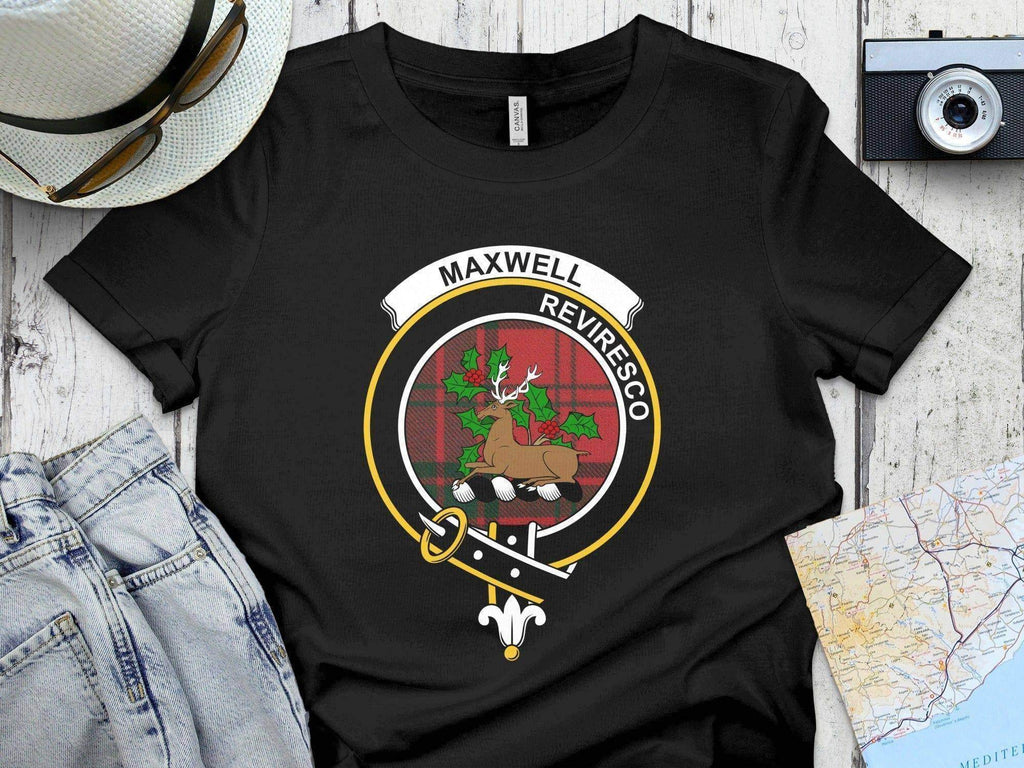 Clan Maxwell Reviresco stag crest tartan t-shirt in navy — printed Scottish clan crest on cotton short sleeve