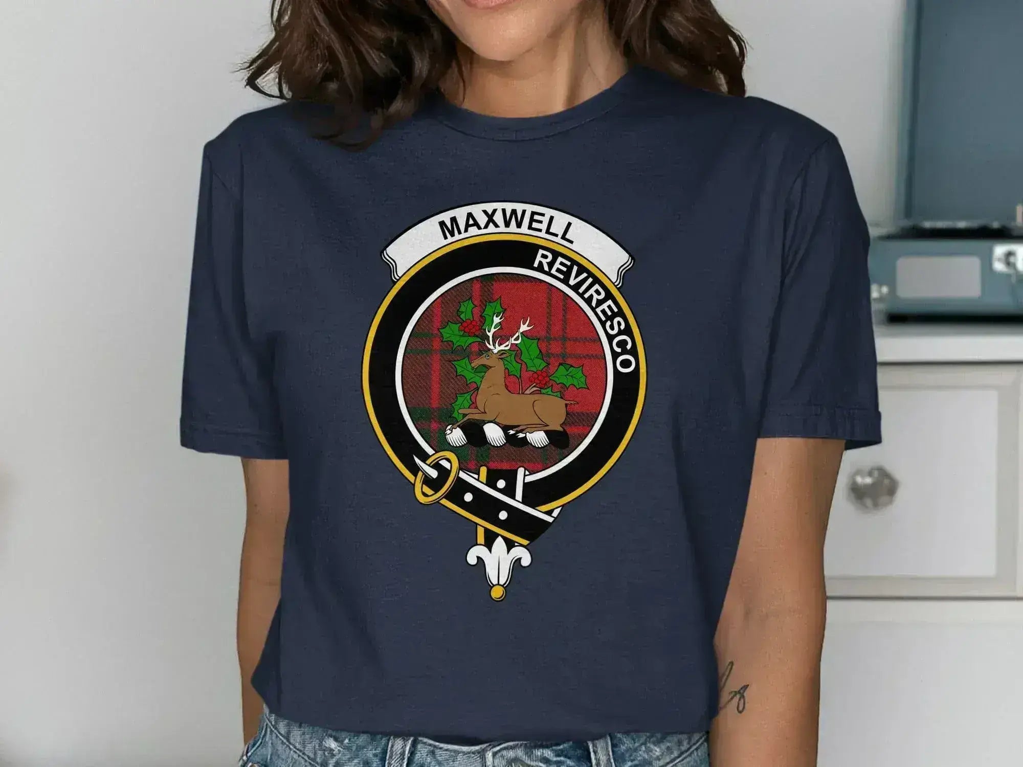 Maxwell clan Reviresco crest tartan t-shirt in black — front view showing stag emblem print