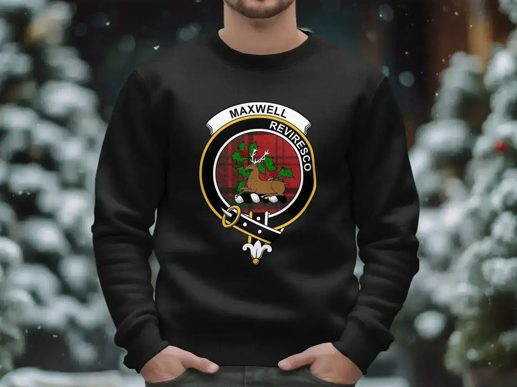 Clan Maxwell Reviresco crest sweatshirt in black — stag crest and tartan on fleece pullover