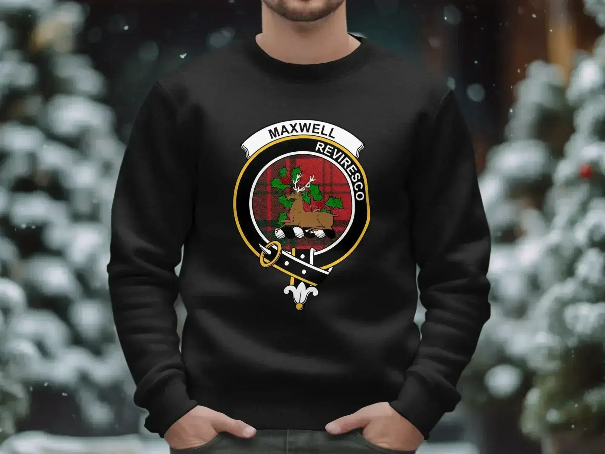 Clan Maxwell Reviresco crest sweatshirt in black — stag crest and tartan on fleece pullover
