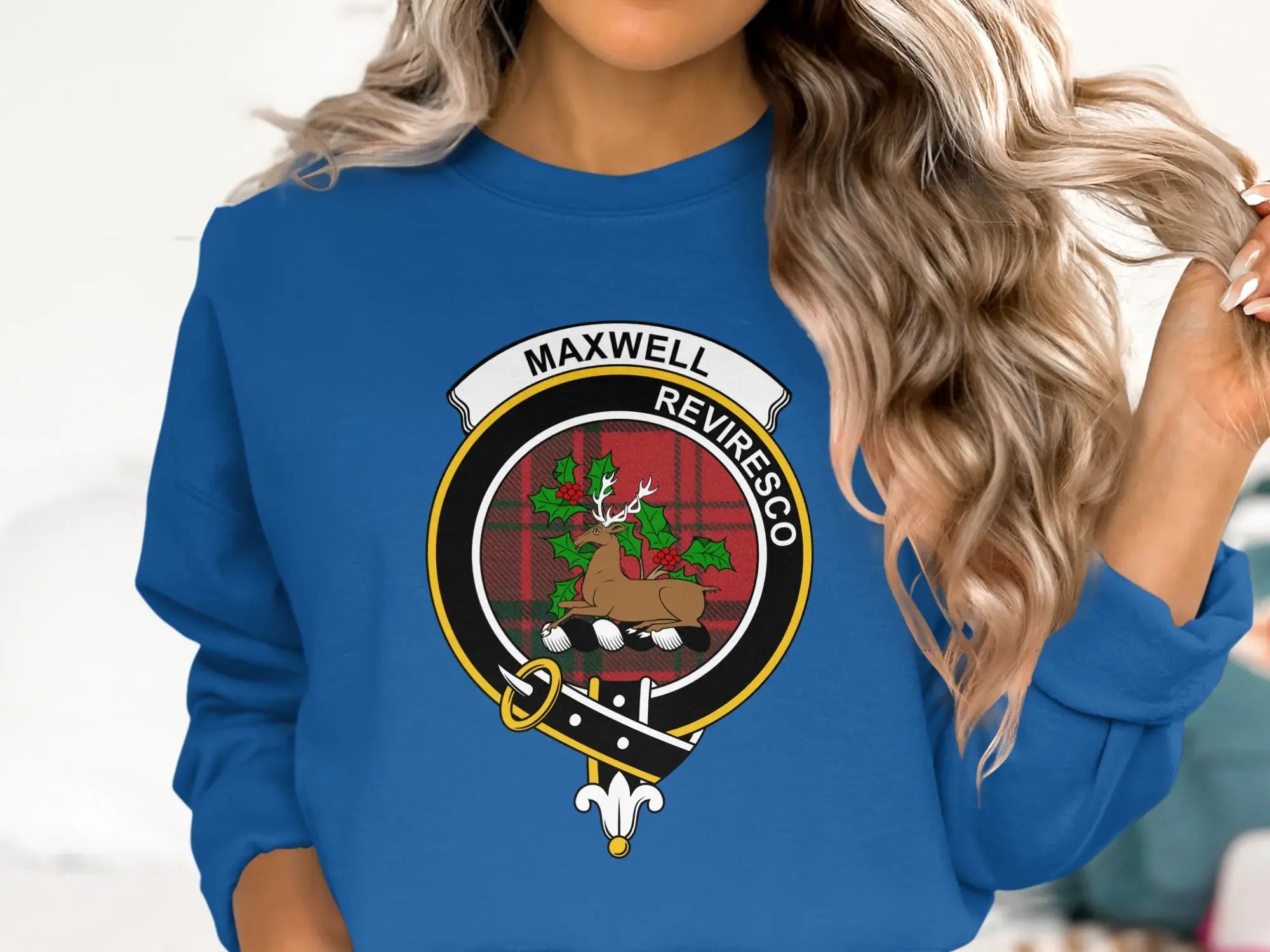 Maxwell clan stag crest sweatshirt in royal blue — Reviresco tartan on fleece crewneck