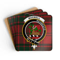 Clan Maxwell Reviresco stag crest tartan cork coaster set — four 3.75-inch square glossy coasters