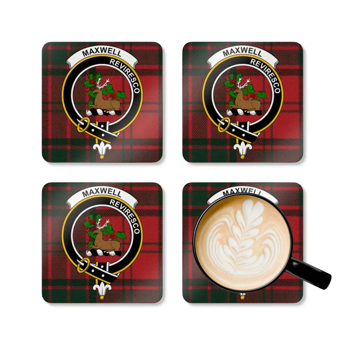 Maxwell clan stag crest coasters in use — Reviresco tartan print with natural cork base, set of four