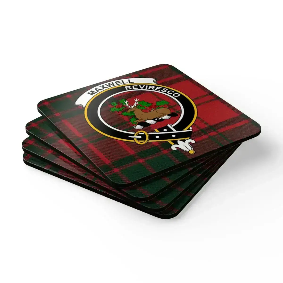Maxwell clan stag crest coaster set displayed flat — full set of four showing tartan pattern