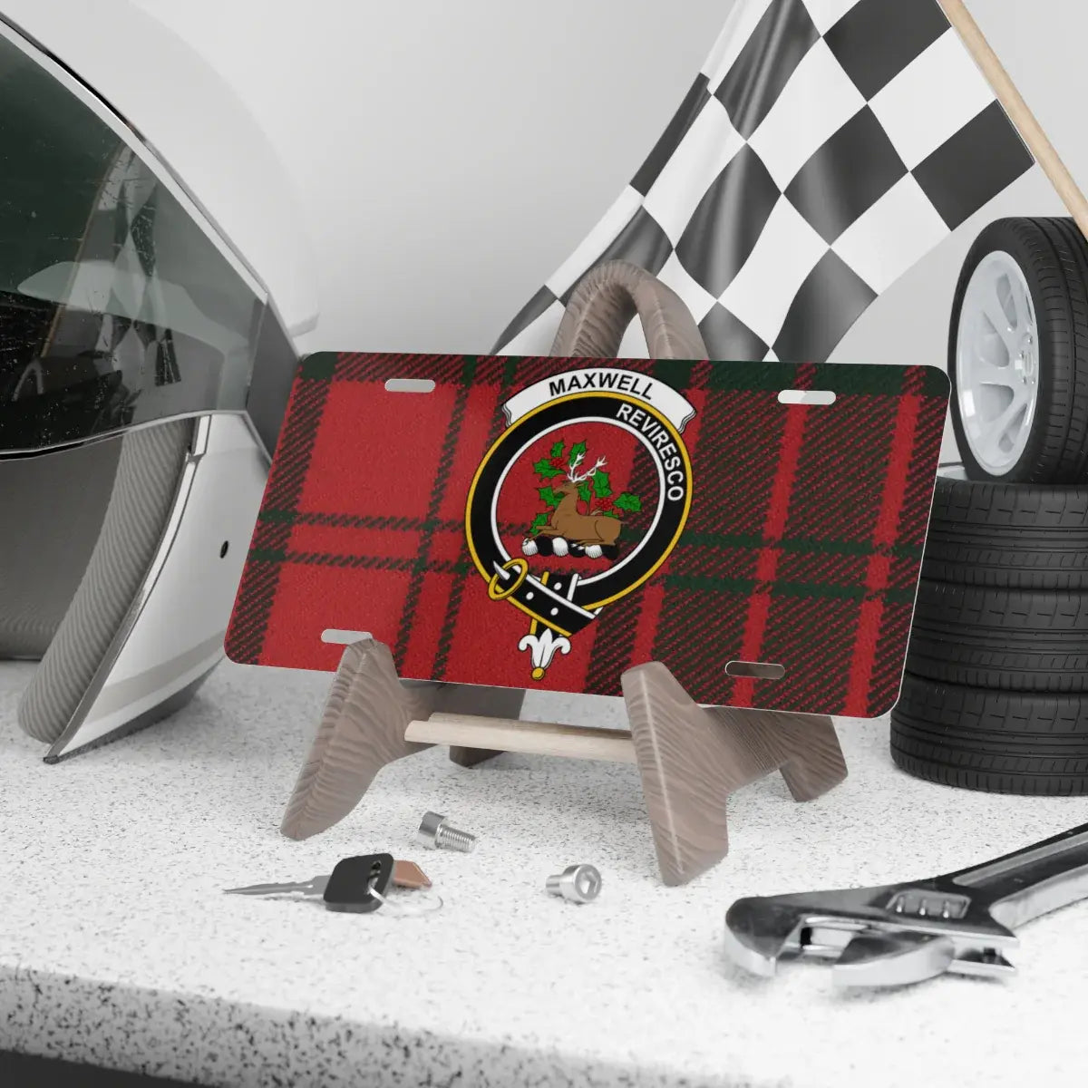Clan Maxwell Reviresco stag crest tartan novelty license plate — 12x6 inch aluminium with printed clan design