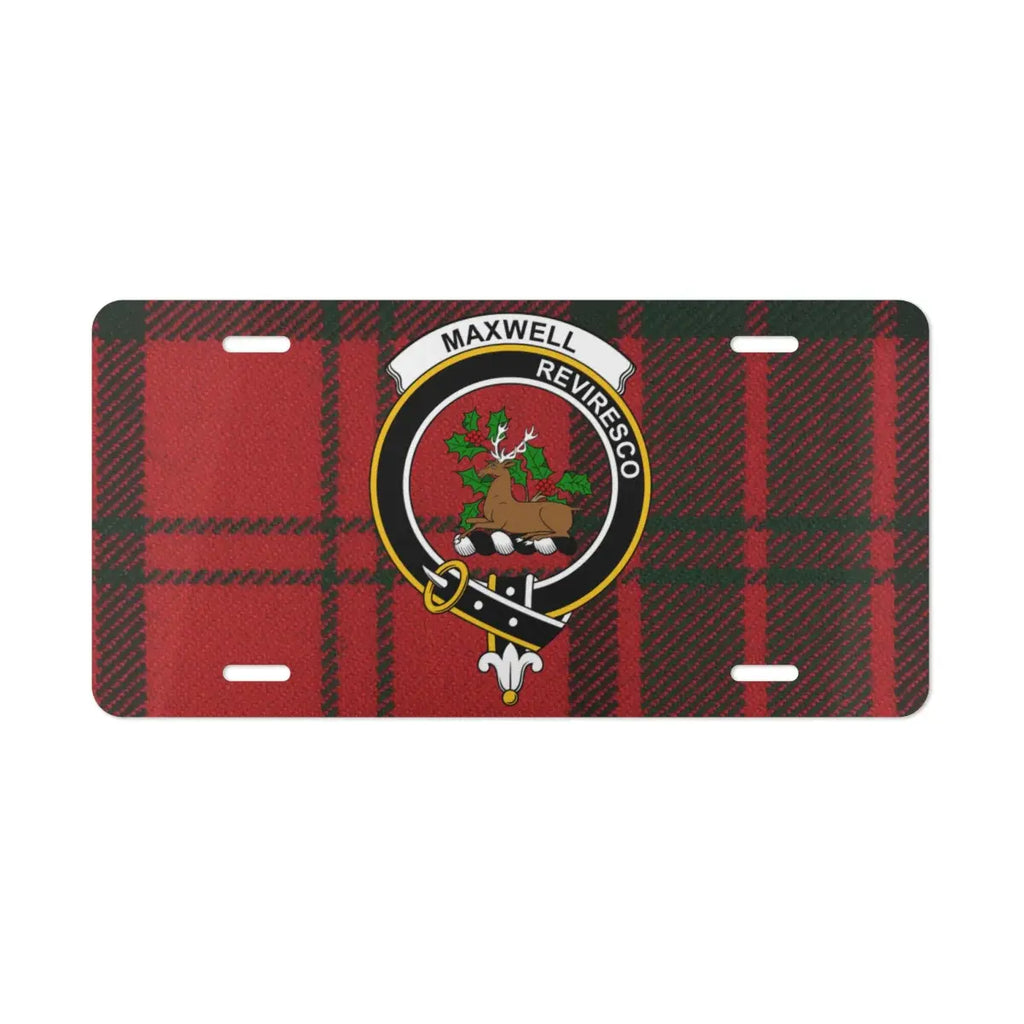 Maxwell Reviresco stag crest and red tartan license plate front view — pre-drilled aluminium novelty plate