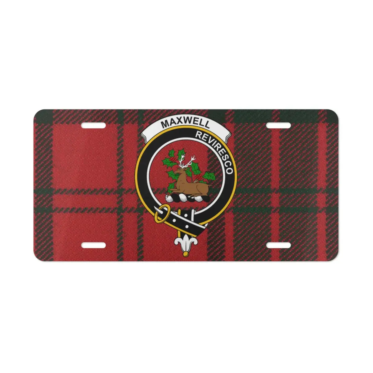 Maxwell Reviresco stag crest and red tartan license plate front view — pre-drilled aluminium novelty plate