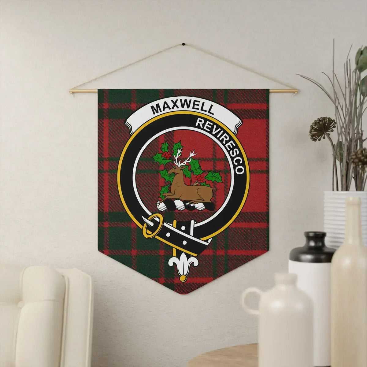 Clan Maxwell Reviresco stag crest tartan pennant hung on wall — 18x21 inch polyester twill with wooden dowel