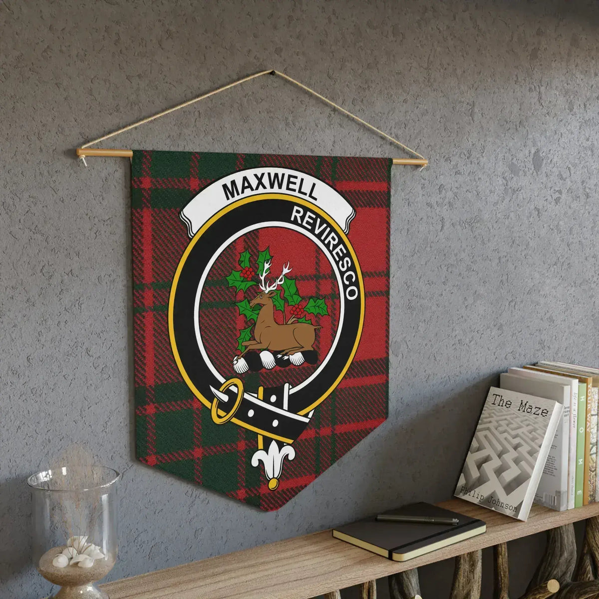 Maxwell clan Reviresco tartan pennant showing stag crest — laser-cut edge and red clan colours