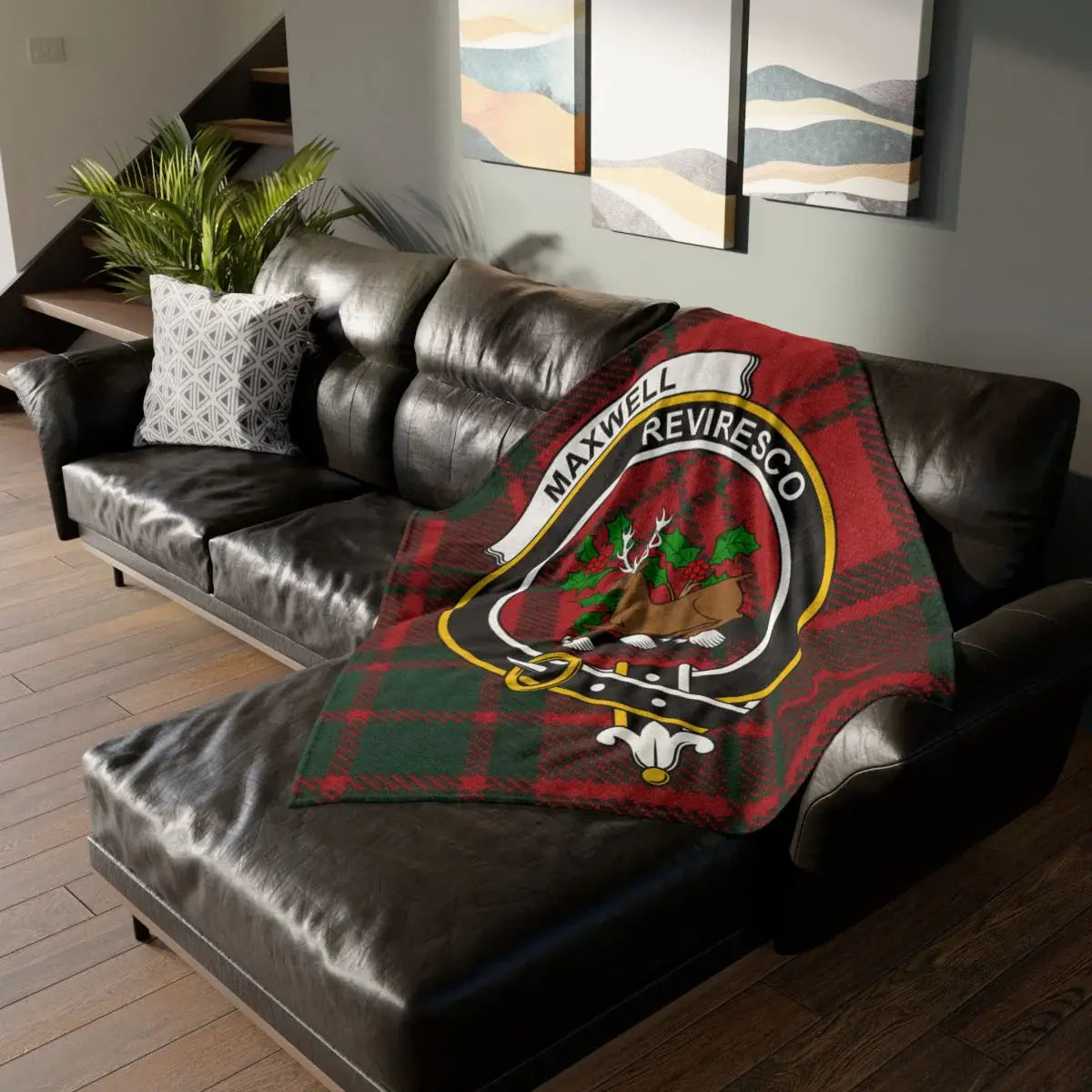 Clan Maxwell Reviresco stag crest tartan throw blanket — clan colours on sofa, 50x60 inch polyester